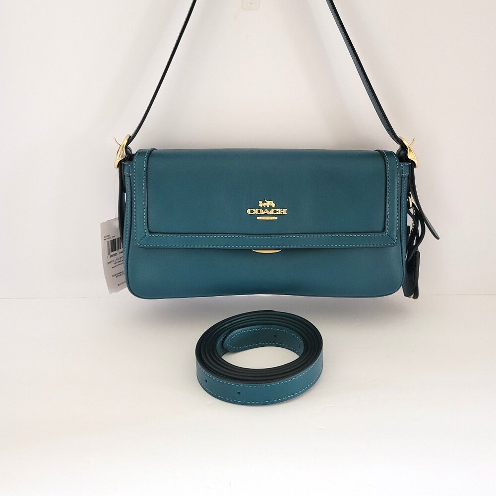 Coach CCV63 Smooth Leather Etta Small Flap Shoulder Handbag Teal Ink Crossbody